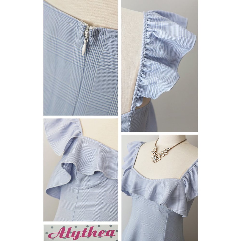 Light Blue Plaid Ruffle Sweetheart Fit Flare Dress - Picture 4 of 8